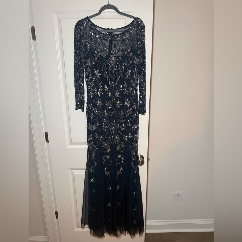 Adrianna Papell Beaded Long Sleeve Goddet Gown